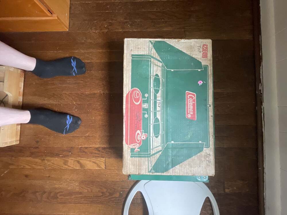 Vintage Coleman 425E Two-Burner Camping Stove with Original Box and Manuals